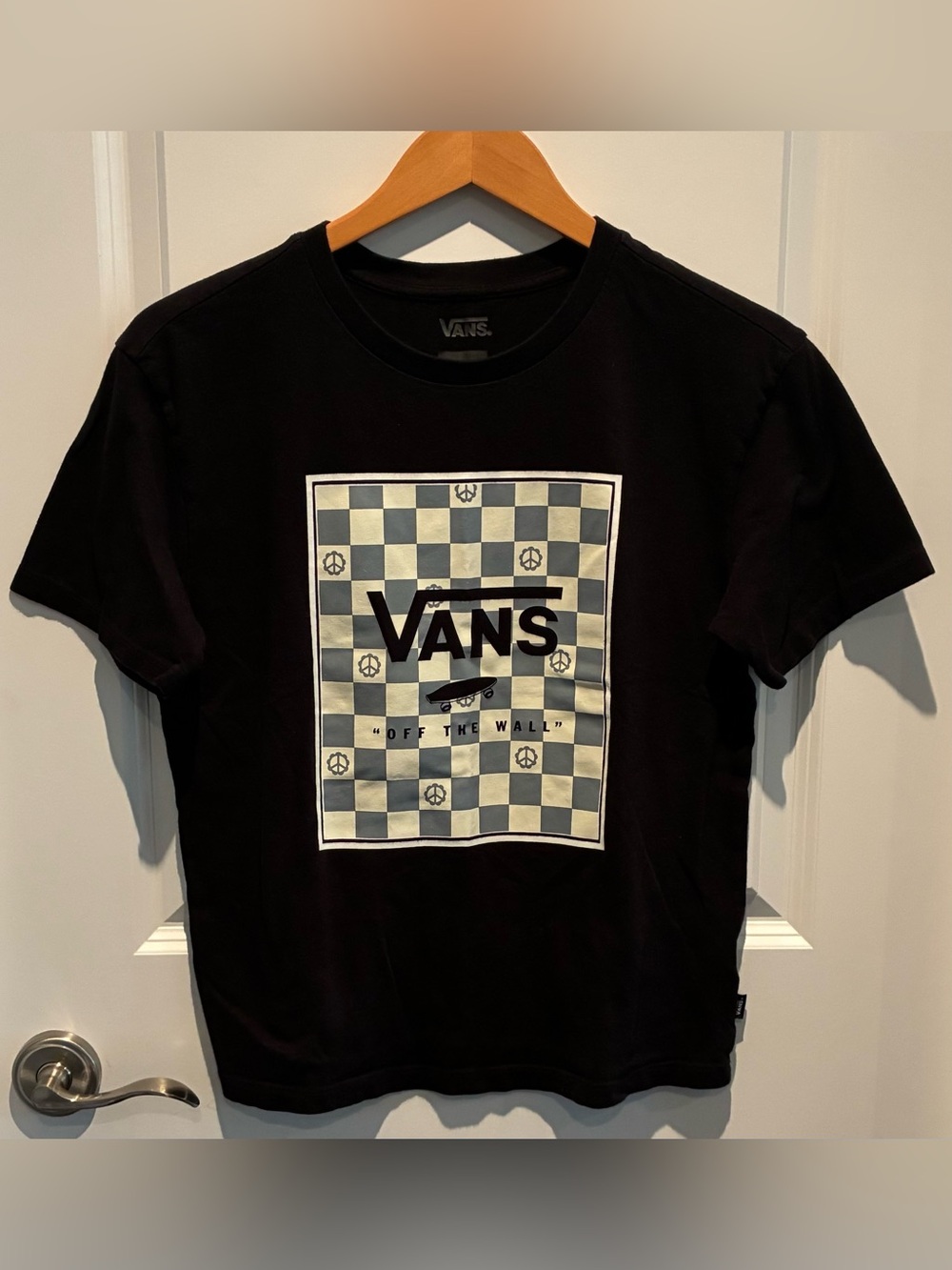 Vans Black Tee with Checkerboard Peace Logo